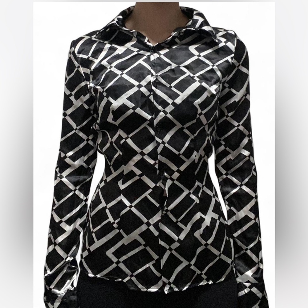 Geometric print satin button up